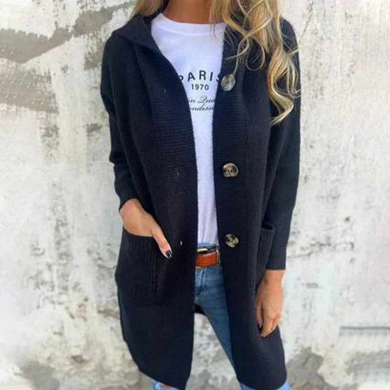 Adriana™ | Lang jakke med hætte og knapper